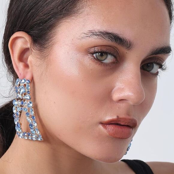 New Elegant Rhinestone Rectangle  Sparkly Crystal Geometric Statement Earrings - Picture 1 of 5